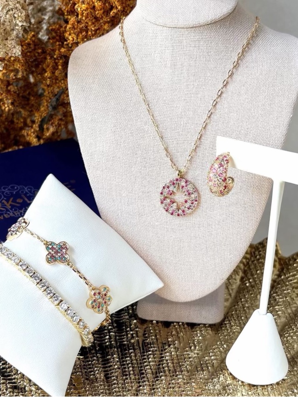 Park Lane Gold Necklace and Bracelet with Pink and Multicolor Stones - Pixie